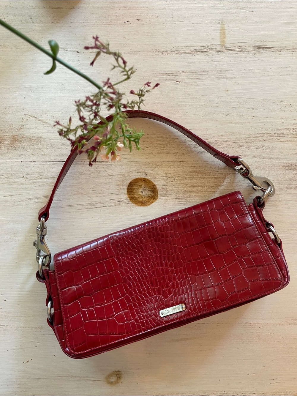 Ralph Lauren Croc-Embossed Mini Shoulder Bag in Wine Red